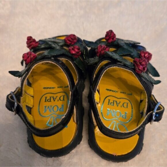 Pom D'Api Black Patent Sandals w Red and Green Rose Accents - Picture 3 of 5